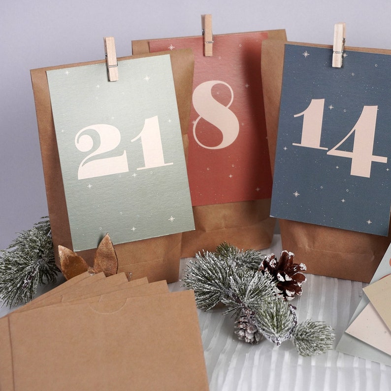 Adventskalender Karten mit Zahlen, Adventskalender zum befüllen für Mann Frau oder Kinder, Adventskalender Postkarten, Tüten und Klammern Bild 3