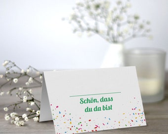 50 Platzkarten Hochzeit, Tischkarten Hochzeit im Format A7, "Schön, dass du da bist"  (DIN A7, Konfetti Grün)