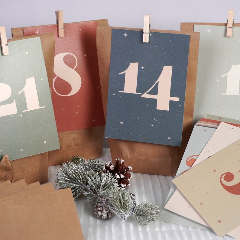 Adventskalender Karten mit Zahlen, Adventskalender zum befüllen für Mann Frau oder Kinder, Adventskalender Postkarten, Tüten und Klammern image 4