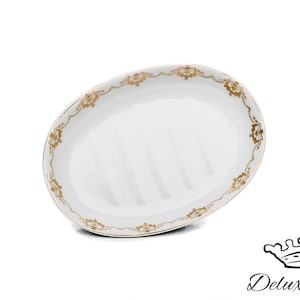 Saboneteira oval de cerâmica com borda de flores