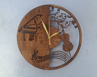 Holzwanduhr  Musik Orchester Wanduhr Nussbaum Funkuhr