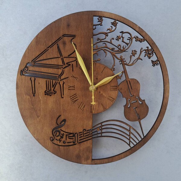 Holzwanduhr  Musik Orchester Wanduhr Nussbaum Funkuhr