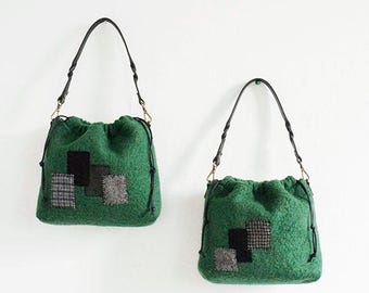 Green Wool Patchwork Drawstring Tote Bag Sewing Pattern (PDF)