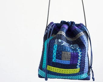 Blue Quilted Drawstring Bag Pattern: Log Cabin Patchwork Tote (PDF Sewing Tutorial)
