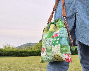 Forest Drawstring Bag Pattern: Log Cabin Patchwork Tote (PDF Sewing Tutorial)