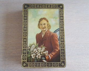 Rare vieille boîte d’étain des années 1940.DBF (De Beukelaer Frères) Belgique. Cookie box / Boite en étain / Blechdose / Caja de lata /FREE shipping US & Europe