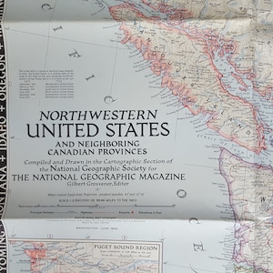 Belle carte vintage de 1950 du nord-ouest des États-Unis (et des provinces canadiennes) par National Geographic Magazine. Livraison GRATUITE US & Europe