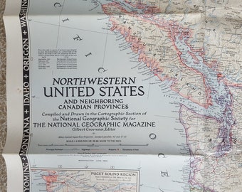 Belle carte vintage de 1950 du nord-ouest des États-Unis (et des provinces canadiennes) par National Geographic Magazine. Livraison GRATUITE US & Europe