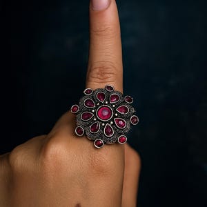 Oxidized Silver Ring: Pink Glass Stone, Adjustable Boho Jewelry
