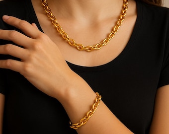 Delicado collar minimalista chapado en oro, conjunto de pulsera y collar de cadena barbada, regalos de joyería