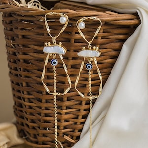 Gold Asymmetric Baroque Pearl Earrings, Long Dangle Earrings, Handmade Evil Eye Earrings, Pearl Charm Dangle Drop Earrings, Gift for Her