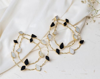 Gold Plated Teardrop Dangle Earrings, Black Onyx & Mother of Pearl
