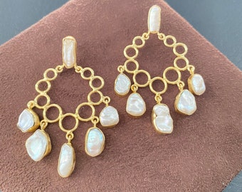 Handmade earrings, baroque pearls earrings, statement earrings, raw pearl earrings, Pearl Drop Earrings Gold, Valentines Gift, Gold Earrings