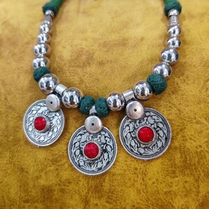 Silver Oxidized Necklace, Silver Tribal Necklace, Indian Temple Jewelry, Red Stone Pendant, Bohemian Necklace, Thread Chain Oxidized Jewelry