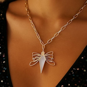 Gold Butterfly Pendant Necklace with White Purple Enamel, Boho Long Necklace, Butterfly Charm, Handmade Gift