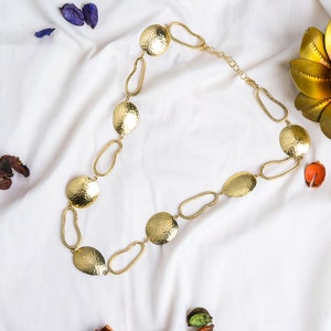 Handmade Asymmetrical Gold Long Necklace, Textured Gold Charm Boho Statement Necklace, Jewelry Gift
