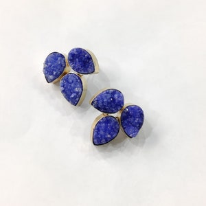 Blue Stone Leaf Earrings, Druzy Earrings, Gold Stud Earrings, Raw Gemstone Earrings, Blue Wedding Earrings, Gift for Her, Birthday Gift