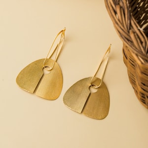 Bold Statement Gold Dangle Earrings, Big Gold Hoop Earrings, Handmade Earrings, Large Brass Earrings Gift