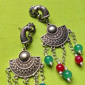 Indian Oxidised Earrings with Green Red Beads, Silver Oxidised Dangle Earrings, Peacock Stud Earrings, Wedding Earrings, Gift for Her
