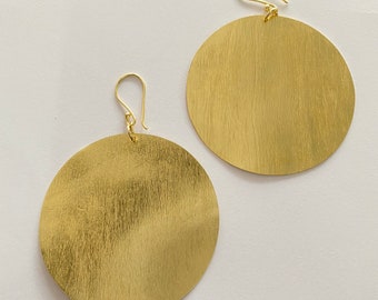 Gold Disc Dangle Earrings, Brass Statement Drop Earrings, Handmade Boho Gift for Her