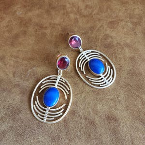 Dainty Gold Dangle Earrings with Red Blue Glass Stone, Handmade Drop Earrings, Anniversary Gift