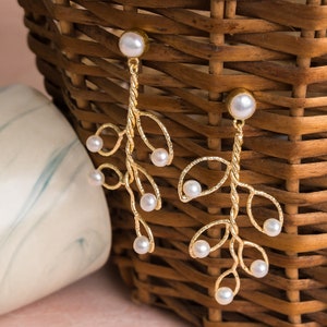 Gold Leaf Dangle Earrings: Freshwater Pearl Bridal Jewelry
