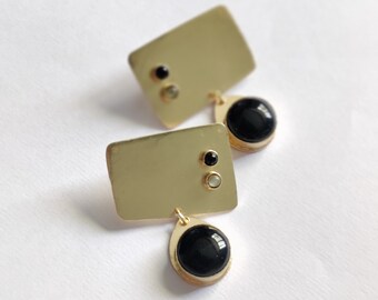 Gold Gemstone Stud Earrings, Dainty Gold Earrings, Black Onyx Earrings, Geometric Gold Earrings, Gift for Her, Handmade Earrings Gold Studs