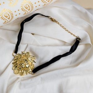 Bold Gold Lion Head Choker Necklace, Statement Brass Pendant Jewelry, Halloween Gift for Her