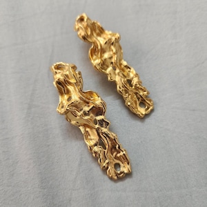 Handmade Gold Brass Statement Earrings: Textured Asymmetric Studs