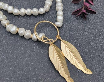 Statement Pearl Necklace, Wedding Freshwater Pearl Necklace, Layered Necklace, Big Leaf Pendant Gold, Bohemian Wedding Necklace, Gift Her