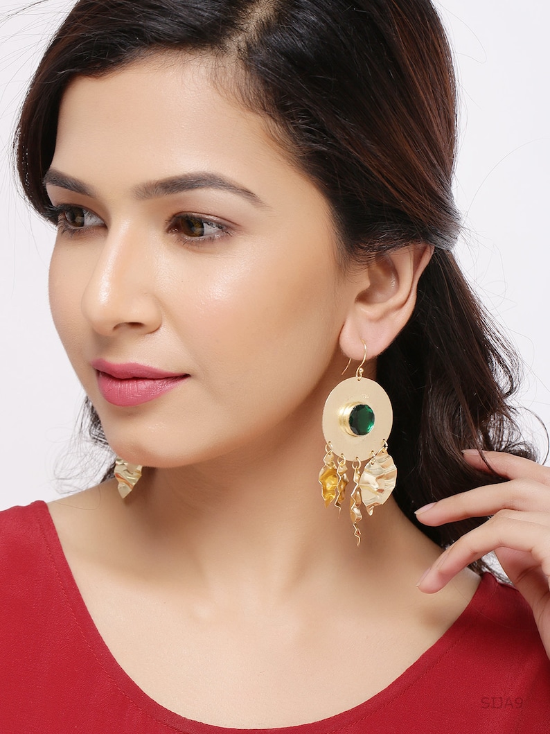 Gold Dream Catcher Round Earrings Hook Earrings Tassel Earrings Statement Jewelry Gold Earrings Women Jewelry Green Stone Earrings