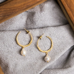 Minimal Gold Pearl Hoops, Twisted Gold Hoop Earrings, Stone Hoop Earrings, Pearl Drop Earrings, Gold Plated Hoops, Wedding Bridal Earrings