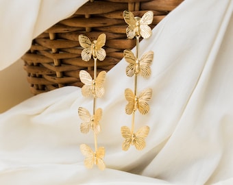 Gold Butterfly Dangle Earrings, Brass Drop Earrings, Insect Statement Jewelry, Hypoallergenic Anti Tarnish, Handmade Boho Gift for Her