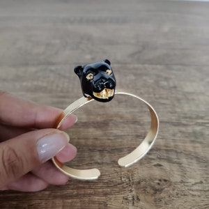 Black Panther Design Gold Cuff Bracelet, Animal Bracelet, Statement Gold Cuff Bracelet, Bracelet for Gift, Brass Jewelry, Enamel Bracelet