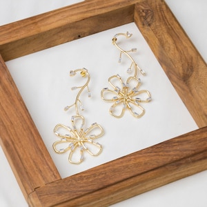 Flower Drop Earrings, Gold Stud Earrings, Big Gold Stud Earrings with Cubic Zircon Stones, Statement Earrings, Wedding Anniversary Gift