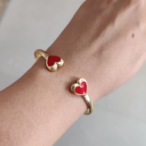 Gift for Her Dainty Heart Bracelet, Red Heart Gold Cuff Bracelet, Handmade Gold Cuff Bracelet, Minimalist Bracelet, Everyday Bracelet Gold