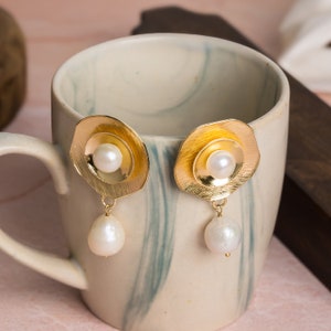 Dainty Gold Pearl Drop Earrings, Floral Earrings Gold, Brass Earrings, Wedding Bridal Earrings, Unique Pearl Earring, Wedding Gift for Her