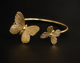 Gold Butterfly Cuff Bracelet, Adjustable Bangle, Hypoallergenic Gold Plated Jewelry