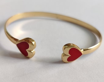 Gift for Her Dainty Heart Bracelet, Red Heart Gold Cuff Bracelet, Handmade Gold Cuff Bracelet, Minimalist Bracelet, Everyday Bracelet Gold