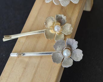 Gold Silver Floral Pearl Hair Pins | Set of 2 Small Hair Pins | Hair Accessories | Bridal Hairpins | Bridal Jewelry | Bridesmaid Gifts