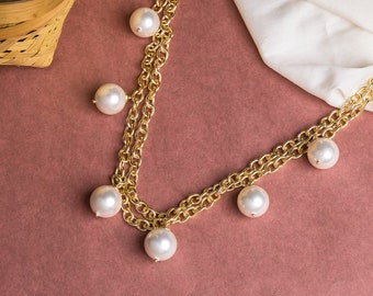 Perlenkette Gold, Layered Perlenkette, Zierliche Goldkette Hochzeit, Perlenkette, Geburtstagsgeschenk, Halskette Geschenk für Sie