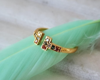 Gold Plated Ring: Colorful Cubic Zirconia, Adjustable Minimalist Jewelry