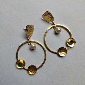 Gold Plated Pearl Drop Earrings: Green Glass Indian Dangle Jewelry