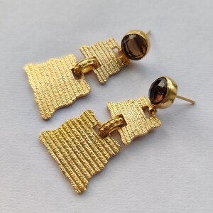 Dainty Gold Dangle Earrings with Glass Stone Studs, Handmade Textured Earrings, Jewelry Gift
