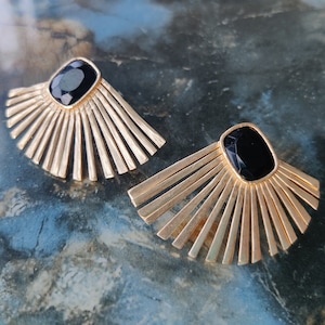 Statement Gold Studs with Black Onyx Gemstone, Black Stone Earrings Studs, Sun Rays Style, Wedding Earrings Handmade Jewelry Christmas Gift