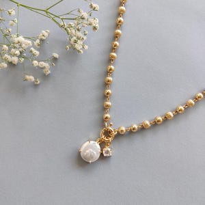 Gold Ball Chain Necklace | Semi Precious Gemstone and Baroque Pearl Pendant | Handmade Bridal Jewelry Gift