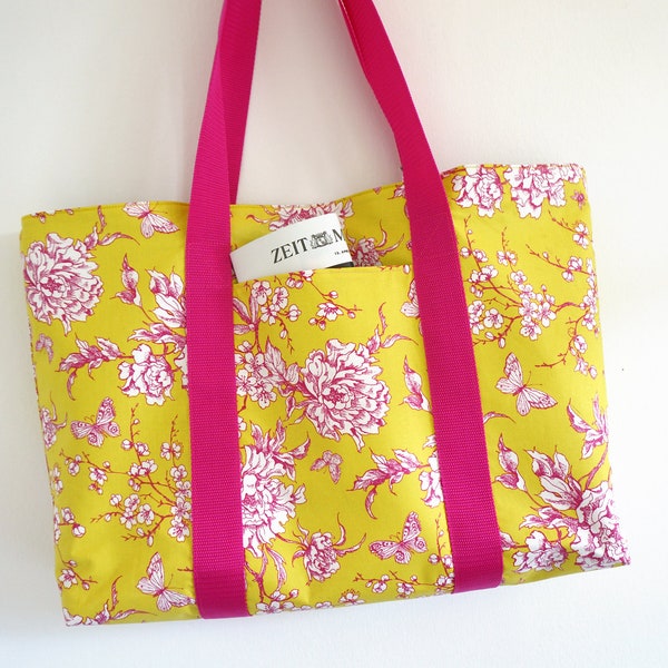 XXL Shopper Strandtasche Wachstuch Kirschblüte Gelb/Pink