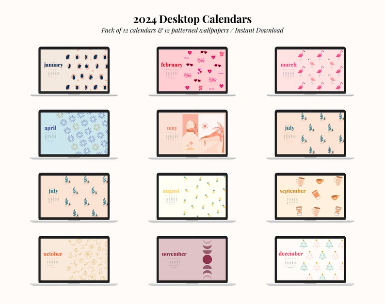 2024 Cute Patterned Desktop Calendars Desktop Wallpaper Instant