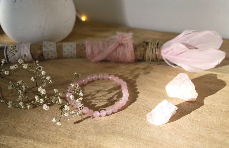 Bracelet Réglable En Quartz Rose Pour Femme - Pierre D'amour, Talisman Porte-bonheur, 18.5cm