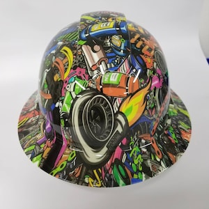 Full brim hydro dipped custom hard hat in tuner car parts sticker bomb osha approved